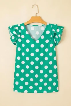 Fashion Dear-Lover Polka Dot Print Ruffled Sleeve V Neck Blouse Green