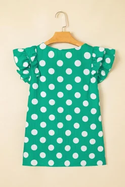 Fashion Dear-Lover Polka Dot Print Ruffled Sleeve V Neck Blouse Green
