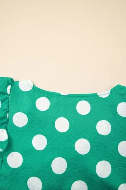 Fashion Dear-Lover Polka Dot Print Ruffled Sleeve V Neck Blouse Green