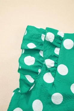 Fashion Dear-Lover Polka Dot Print Ruffled Sleeve V Neck Blouse Green