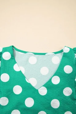 Fashion Dear-Lover Polka Dot Print Ruffled Sleeve V Neck Blouse Green