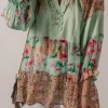 Sale Dear-Lover Floral Patchwork Frilled Split Neck Blouse Green Printed