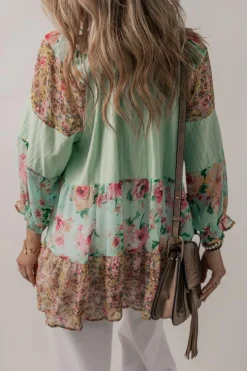 Sale Dear-Lover Floral Patchwork Frilled Split Neck Blouse Green Printed
