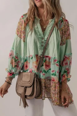 Sale Dear-Lover Floral Patchwork Frilled Split Neck Blouse Green Printed