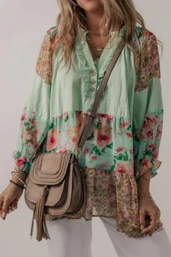 Sale Dear-Lover Floral Patchwork Frilled Split Neck Blouse Green Printed