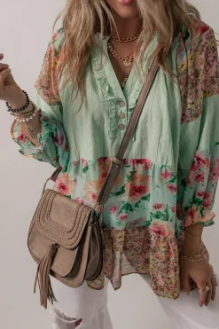 Sale Dear-Lover Floral Patchwork Frilled Split Neck Blouse Green Printed