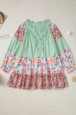 Sale Dear-Lover Floral Patchwork Frilled Split Neck Blouse Green Printed