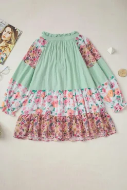 Sale Dear-Lover Floral Patchwork Frilled Split Neck Blouse Green Printed
