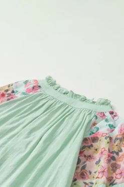 Sale Dear-Lover Floral Patchwork Frilled Split Neck Blouse Green Printed