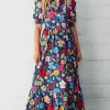 Best Dear-Lover Retro Floral Printed Split Neck Maxi Dress Green