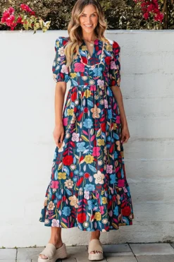 Best Dear-Lover Retro Floral Printed Split Neck Maxi Dress Green