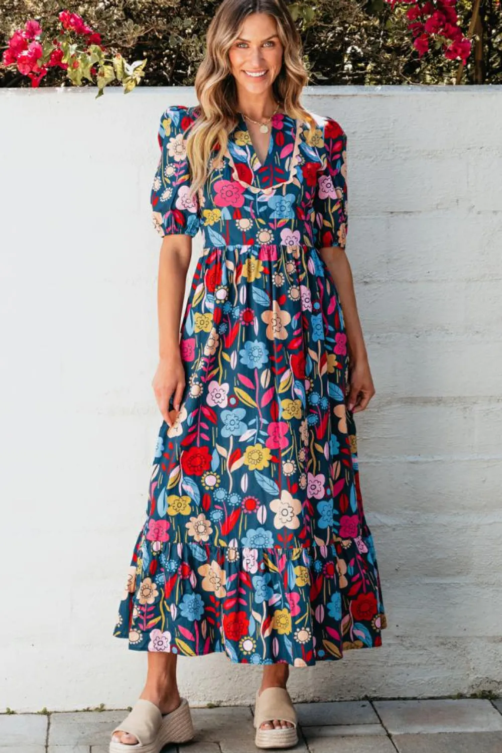 Best Dear-Lover Retro Floral Printed Split Neck Maxi Dress Green