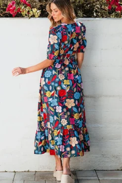 Best Dear-Lover Retro Floral Printed Split Neck Maxi Dress Green
