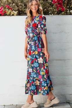 Best Dear-Lover Retro Floral Printed Split Neck Maxi Dress Green