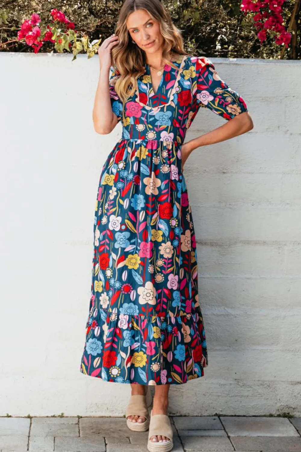Best Dear-Lover Retro Floral Printed Split Neck Maxi Dress Green