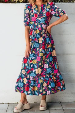 Best Dear-Lover Retro Floral Printed Split Neck Maxi Dress Green