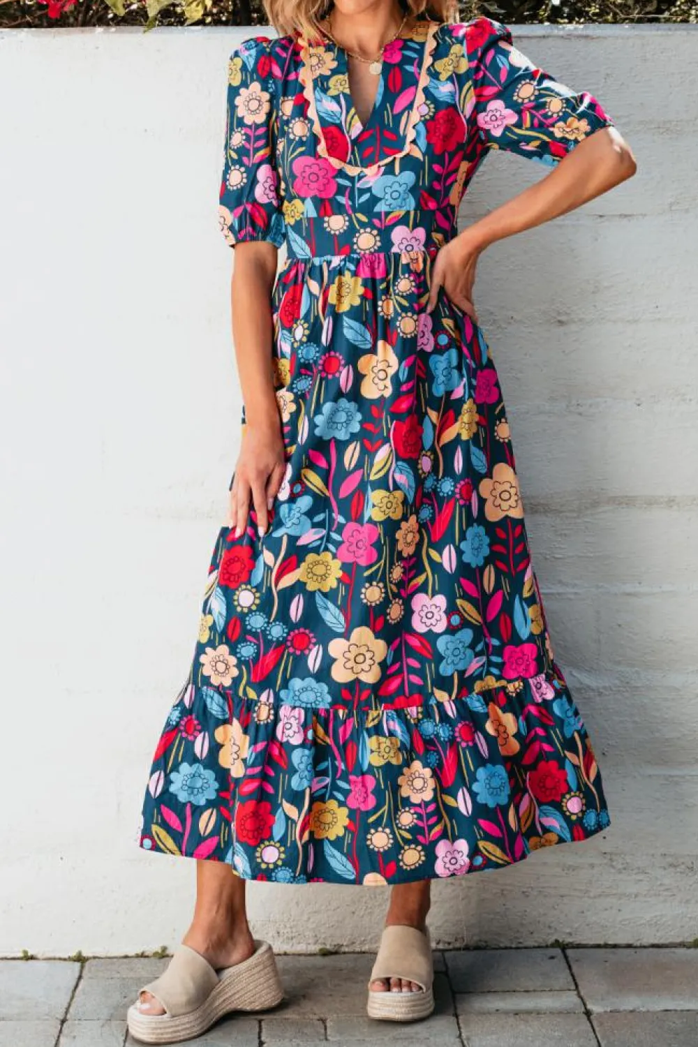 Best Dear-Lover Retro Floral Printed Split Neck Maxi Dress Green