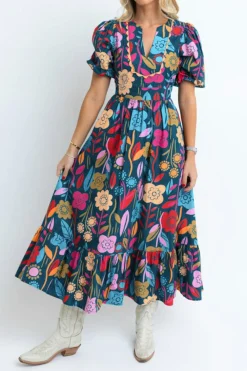Best Dear-Lover Retro Floral Printed Split Neck Maxi Dress Green