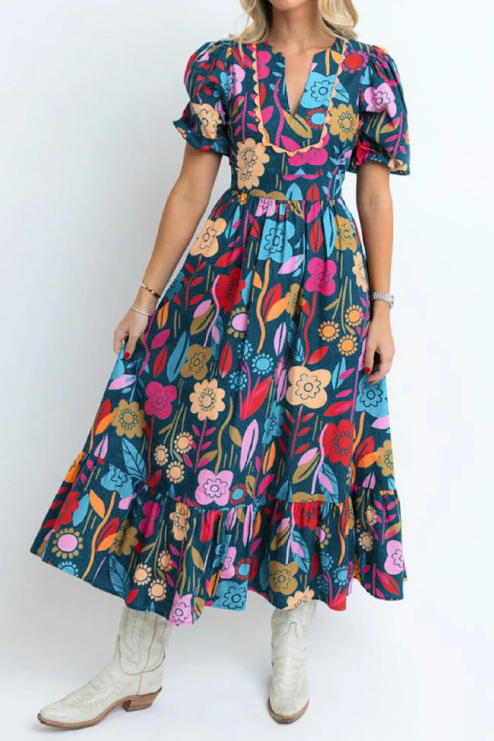 Best Dear-Lover Retro Floral Printed Split Neck Maxi Dress Green