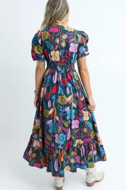 Best Dear-Lover Retro Floral Printed Split Neck Maxi Dress Green