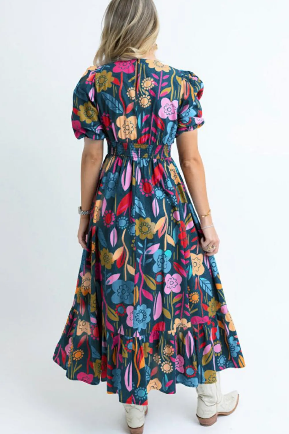 Best Dear-Lover Retro Floral Printed Split Neck Maxi Dress Green