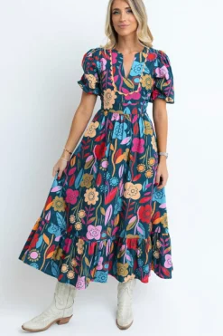 Best Dear-Lover Retro Floral Printed Split Neck Maxi Dress Green
