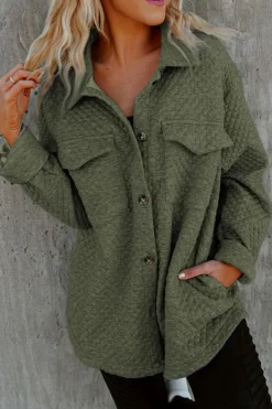 Best Dear-Lover Retro Quilted Flap Pocket Button Shacket Green