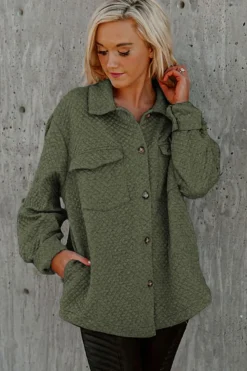 Best Dear-Lover Retro Quilted Flap Pocket Button Shacket Green