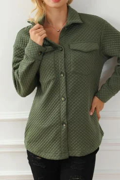 Best Dear-Lover Retro Quilted Flap Pocket Button Shacket Green