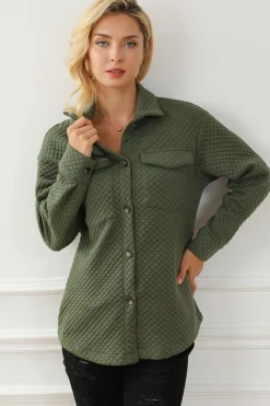 Best Dear-Lover Retro Quilted Flap Pocket Button Shacket Green