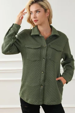 Best Dear-Lover Retro Quilted Flap Pocket Button Shacket Green