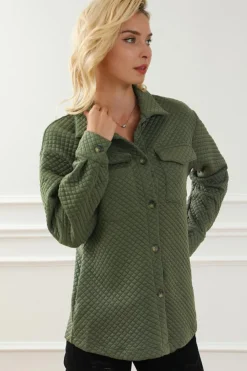 Best Dear-Lover Retro Quilted Flap Pocket Button Shacket Green