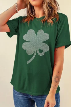 Outlet Dear-Lover Rhinestone Four Leaf Clover Graphic St Patrick Crewneck Tee Green