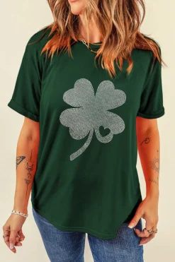 Outlet Dear-Lover Rhinestone Four Leaf Clover Graphic St Patrick Crewneck Tee Green