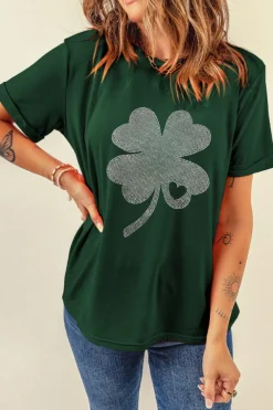 Outlet Dear-Lover Rhinestone Four Leaf Clover Graphic St Patrick Crewneck Tee Green