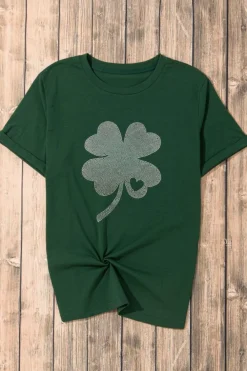 Outlet Dear-Lover Rhinestone Four Leaf Clover Graphic St Patrick Crewneck Tee Green