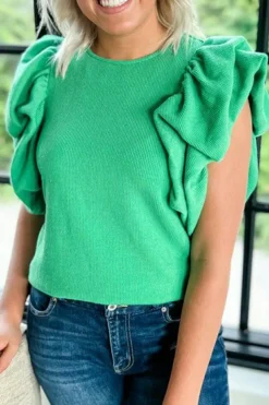 Online Dear-Lover Ribbed Knit Puffy Ruffle Sleeve Blouse Green