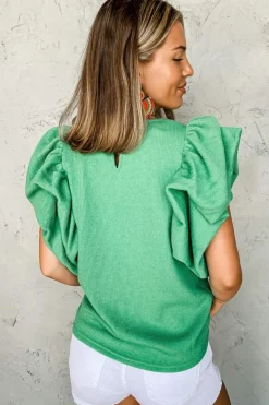 Online Dear-Lover Ribbed Knit Puffy Ruffle Sleeve Blouse Green