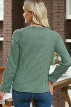 New Dear-Lover Ribbed Round Neck Knit Long Sleeve Top Green