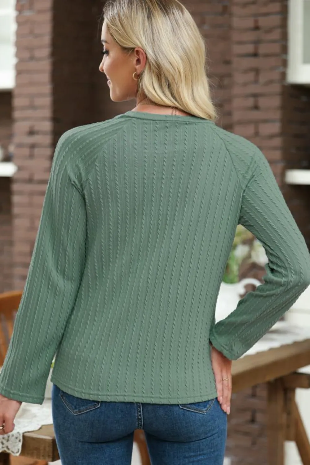 New Dear-Lover Ribbed Round Neck Knit Long Sleeve Top Green