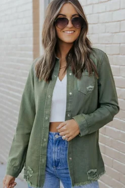 Fashion Dear-Lover Ripped Denim Jacket Green