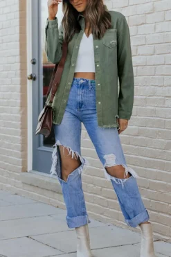 Fashion Dear-Lover Ripped Denim Jacket Green