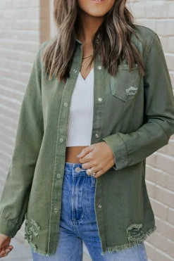 Fashion Dear-Lover Ripped Denim Jacket Green