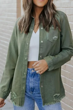 Fashion Dear-Lover Ripped Denim Jacket Green