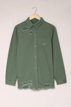 Fashion Dear-Lover Ripped Denim Jacket Green