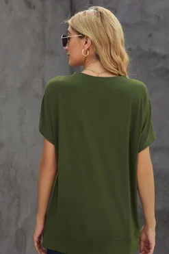 Sale Dear-Lover Round Neck Short Sleeve Solid Color Tee Green