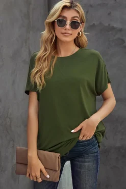 Sale Dear-Lover Round Neck Short Sleeve Solid Color Tee Green
