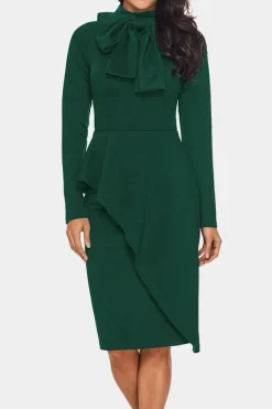 Clearance Dear-Lover Royal Blue Asymmetric Peplum Style Pussy Bow Dress Green
