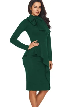 Clearance Dear-Lover Royal Blue Asymmetric Peplum Style Pussy Bow Dress Green