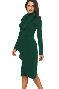 Clearance Dear-Lover Royal Blue Asymmetric Peplum Style Pussy Bow Dress Green